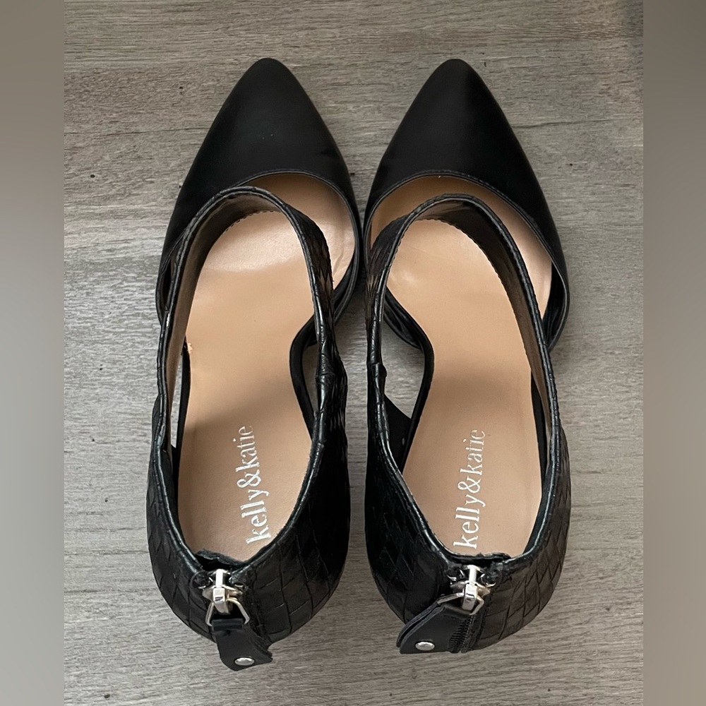 Black Pointed Toe Heels Size 10 Woven Ankle Strap Stiletto Pumps - Picture 2 of 8